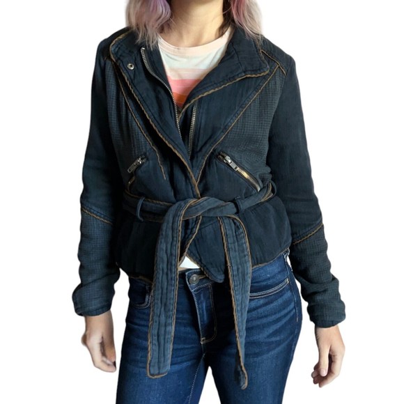 Free People Navy Blue Moto Jacket Size S Belted Full Zip Distressed Cotton - Picture 6 of 17